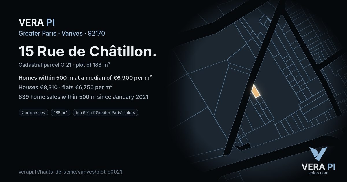 15 Rue de Châtillon, Vanves at night – the plot lit, the parcels around coloured by the prices near them