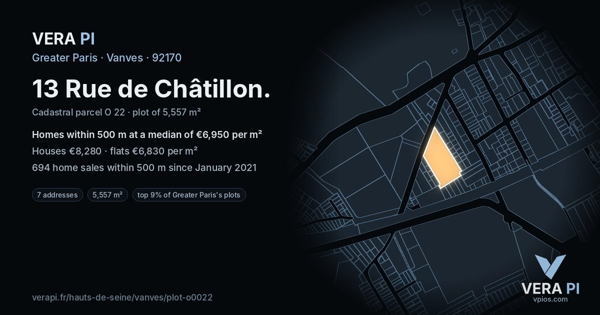 13 Rue de Châtillon, Vanves at night – the plot lit, the parcels around coloured by the prices near them