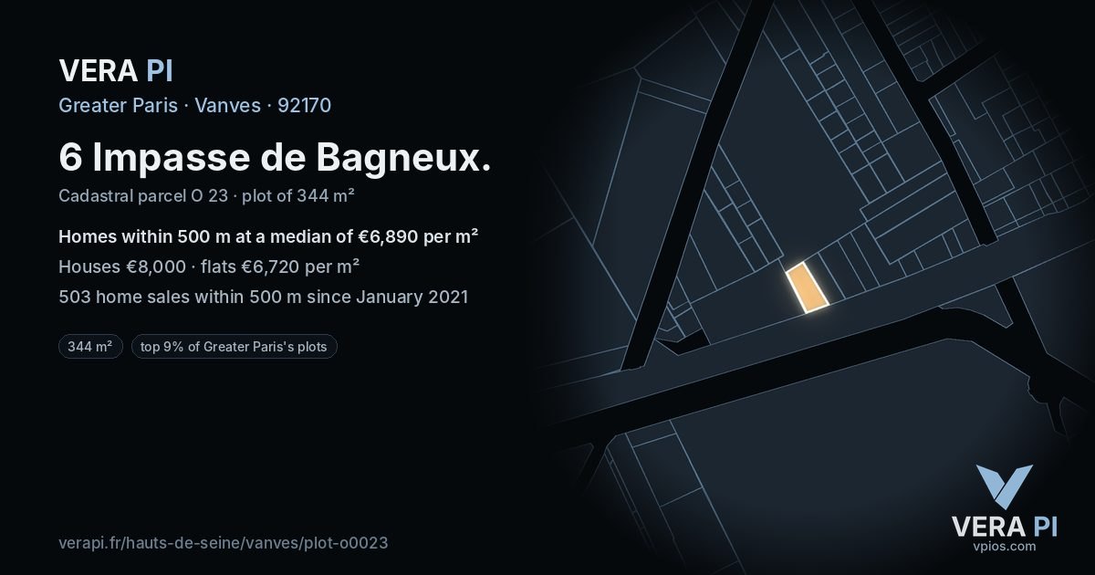 6 Impasse de Bagneux, Vanves at night – the plot lit, the parcels around coloured by the prices near them