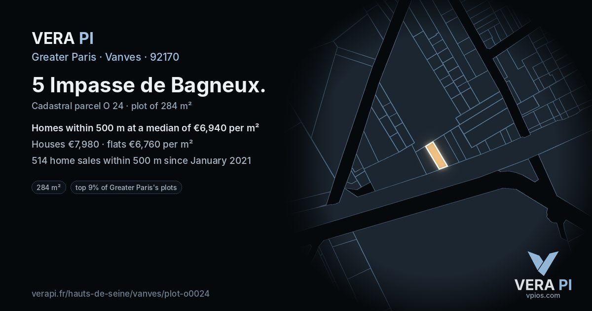 5 Impasse de Bagneux, Vanves at night – the plot lit, the parcels around coloured by the prices near them