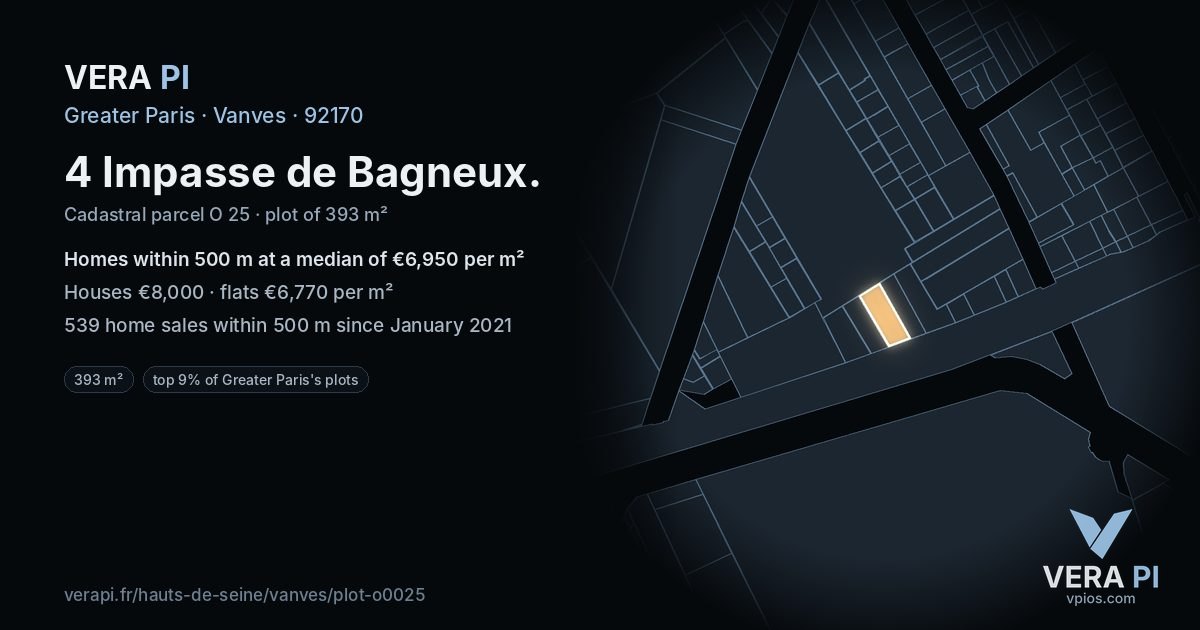 4 Impasse de Bagneux, Vanves at night – the plot lit, the parcels around coloured by the prices near them