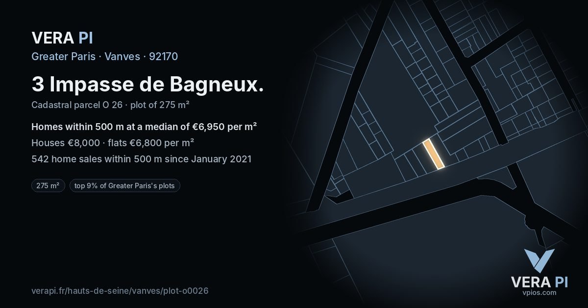 3 Impasse de Bagneux, Vanves at night – the plot lit, the parcels around coloured by the prices near them