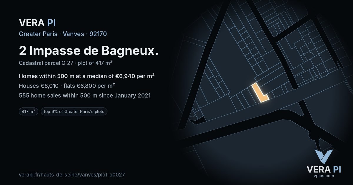2 Impasse de Bagneux, Vanves at night – the plot lit, the parcels around coloured by the prices near them