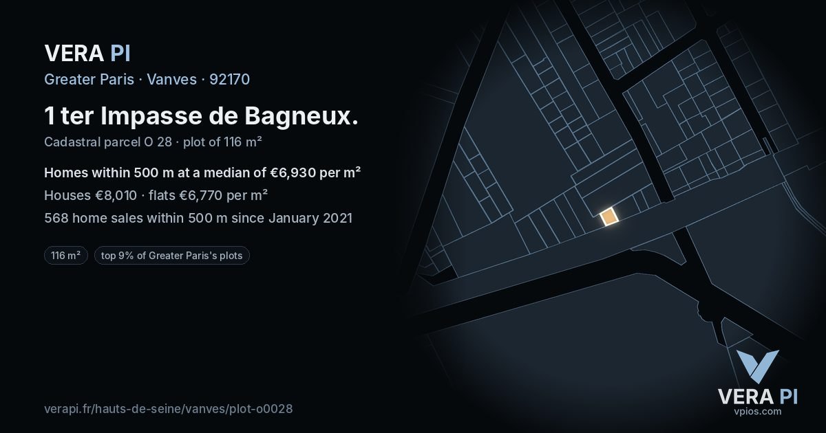1 ter Impasse de Bagneux, Vanves at night – the plot lit, the parcels around coloured by the prices near them