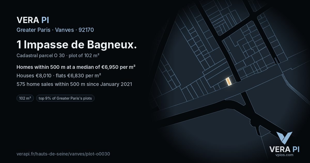 1 Impasse de Bagneux, Vanves at night – the plot lit, the parcels around coloured by the prices near them