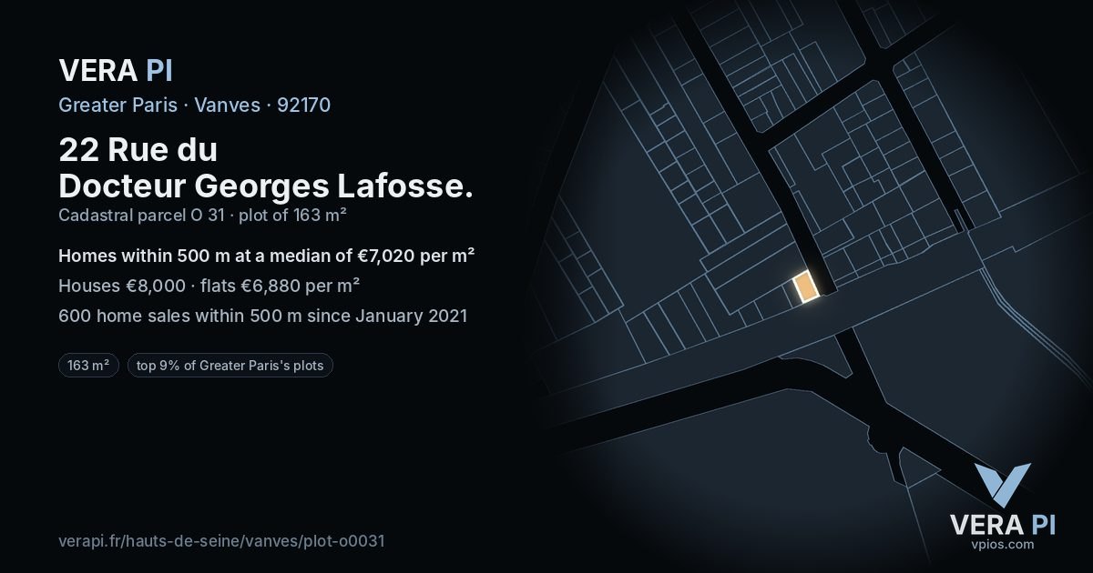 22 Rue du Docteur Georges Lafosse, Vanves at night – the plot lit, the parcels around coloured by the prices near them