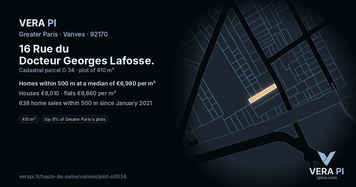 16 Rue du Docteur Georges Lafosse, Vanves at night – the plot lit, the parcels around coloured by the prices near them