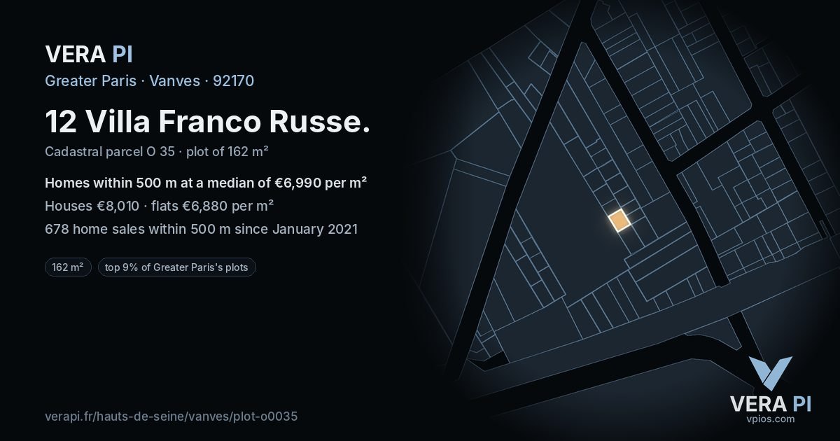 12 Villa Franco Russe, Vanves at night – the plot lit, the parcels around coloured by the prices near them