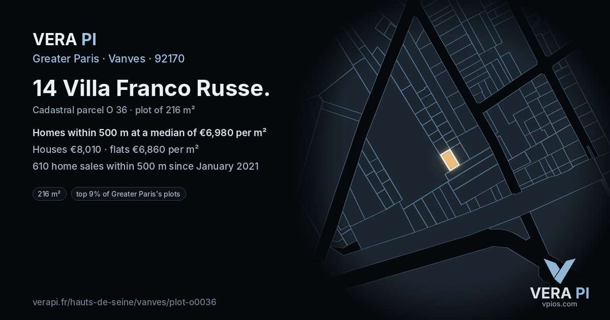 14 Villa Franco Russe, Vanves at night – the plot lit, the parcels around coloured by the prices near them