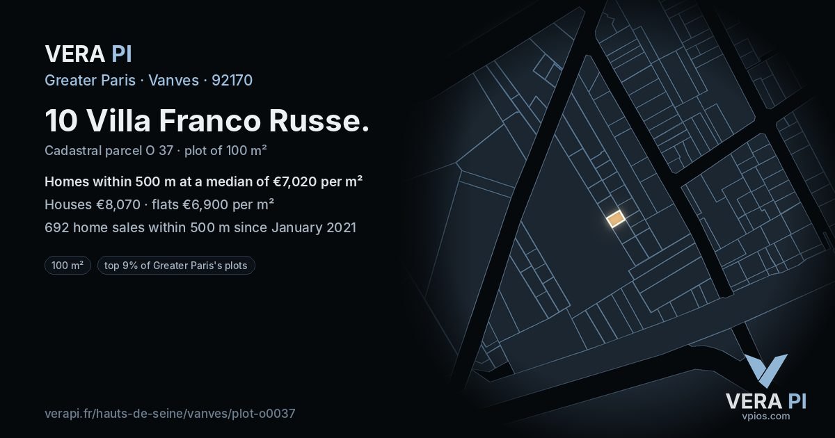 10 Villa Franco Russe, Vanves at night – the plot lit, the parcels around coloured by the prices near them
