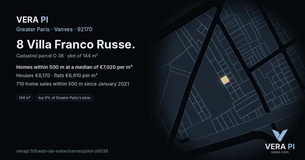 8 Villa Franco Russe, Vanves at night – the plot lit, the parcels around coloured by the prices near them