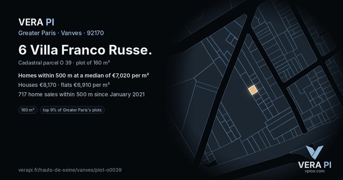 6 Villa Franco Russe, Vanves at night – the plot lit, the parcels around coloured by the prices near them