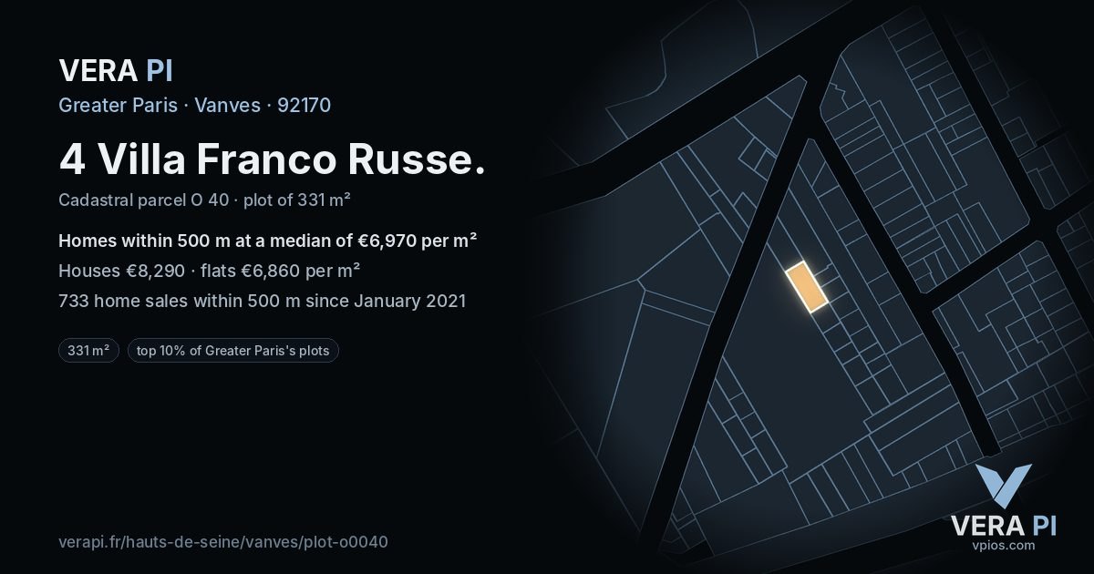 4 Villa Franco Russe, Vanves at night – the plot lit, the parcels around coloured by the prices near them