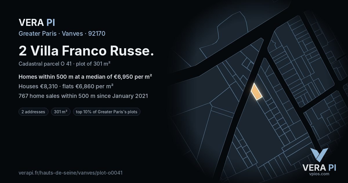 2 Villa Franco Russe, Vanves at night – the plot lit, the parcels around coloured by the prices near them