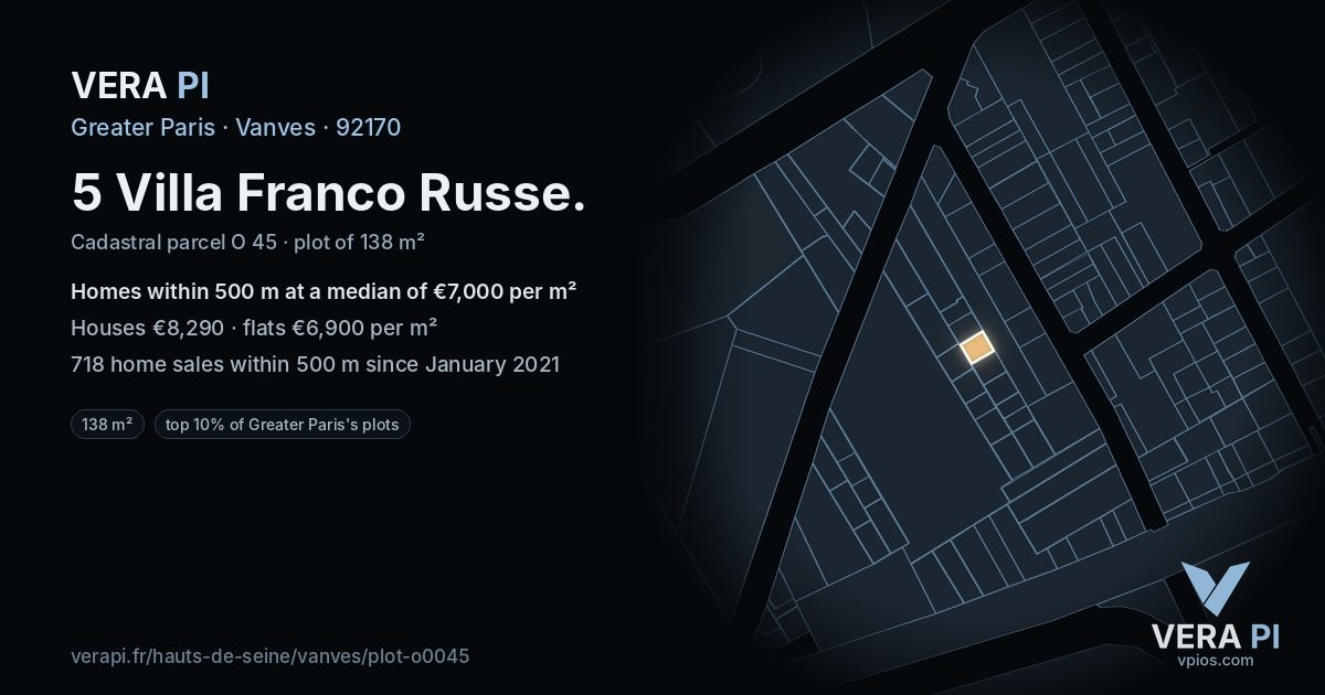 5 Villa Franco Russe, Vanves at night – the plot lit, the parcels around coloured by the prices near them