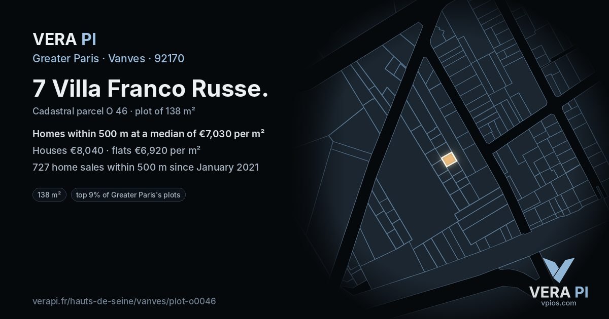 7 Villa Franco Russe, Vanves at night – the plot lit, the parcels around coloured by the prices near them