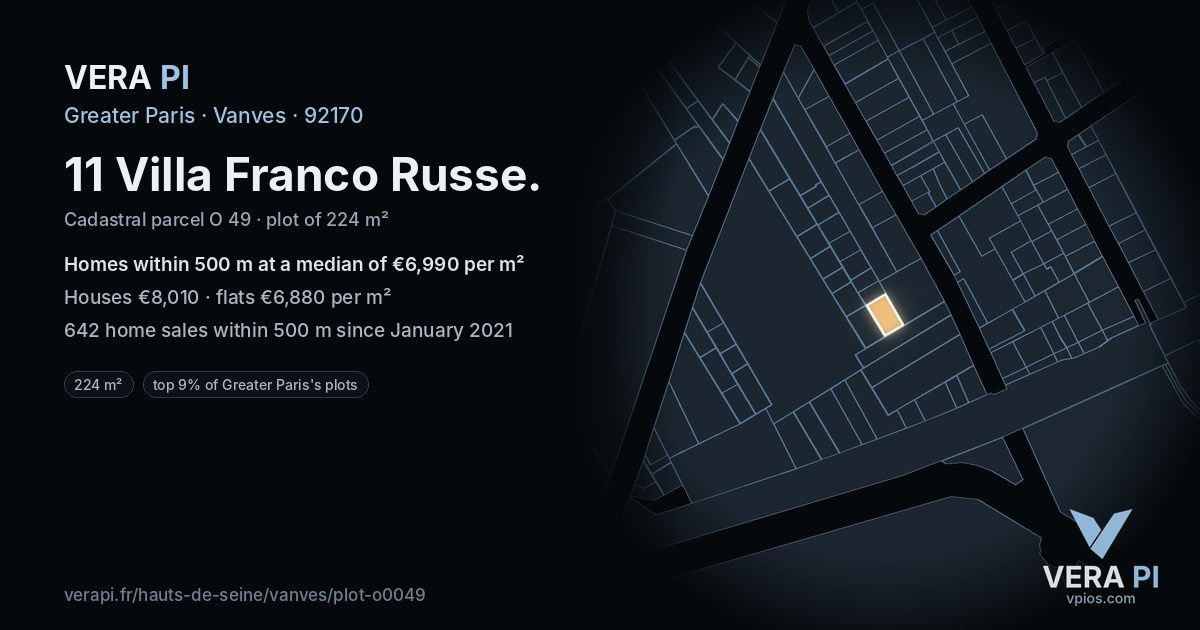 11 Villa Franco Russe, Vanves at night – the plot lit, the parcels around coloured by the prices near them