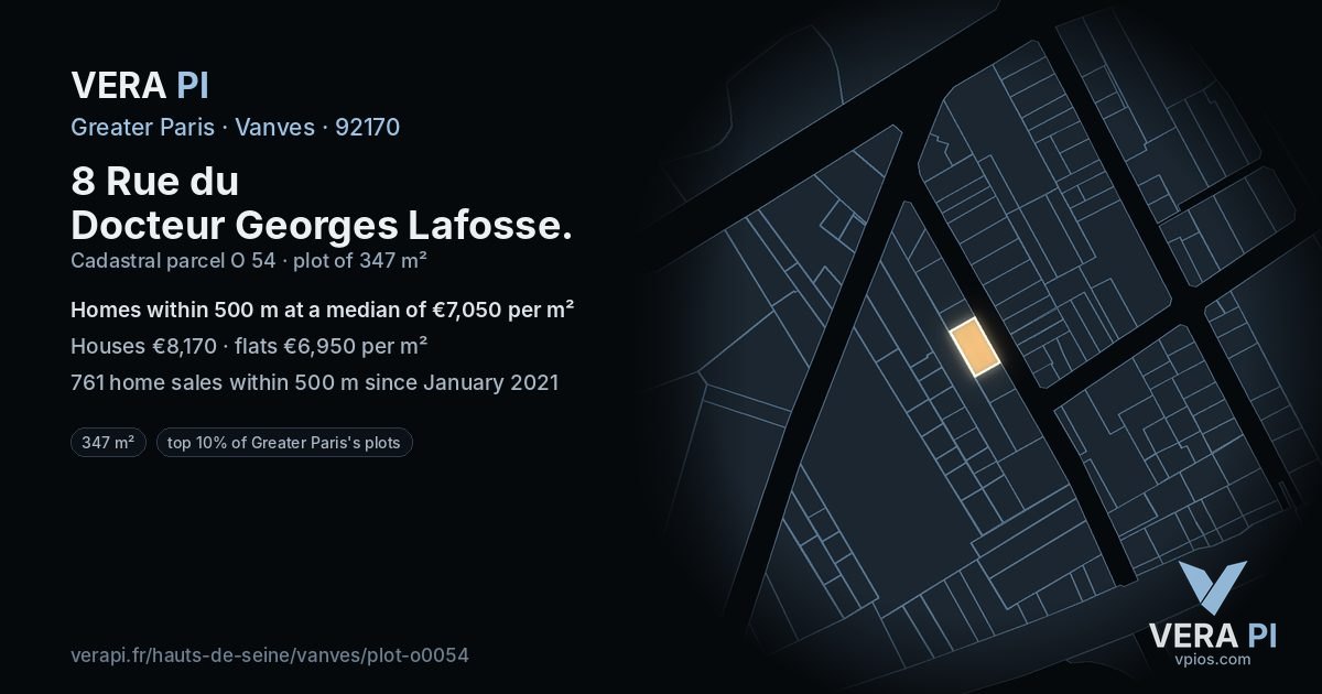 8 Rue du Docteur Georges Lafosse, Vanves at night – the plot lit, the parcels around coloured by the prices near them