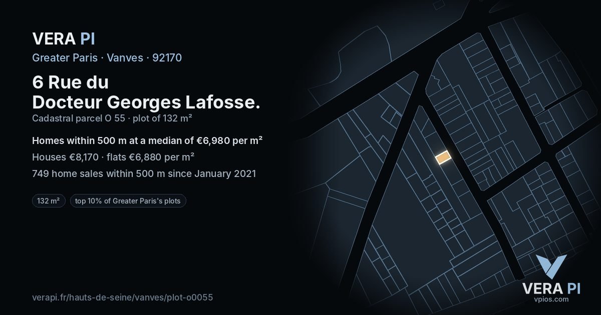 6 Rue du Docteur Georges Lafosse, Vanves at night – the plot lit, the parcels around coloured by the prices near them