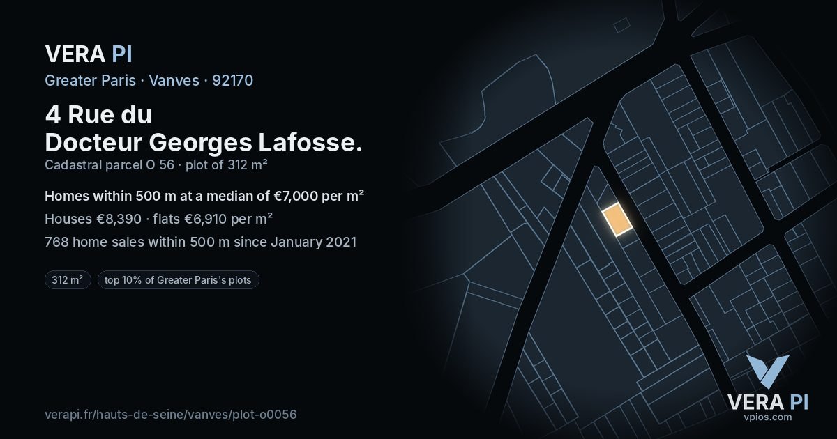 4 Rue du Docteur Georges Lafosse, Vanves at night – the plot lit, the parcels around coloured by the prices near them