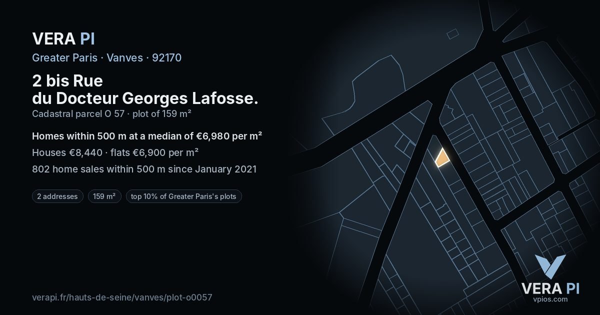 2 bis Rue du Docteur Georges Lafosse, Vanves at night – the plot lit, the parcels around coloured by the prices near them