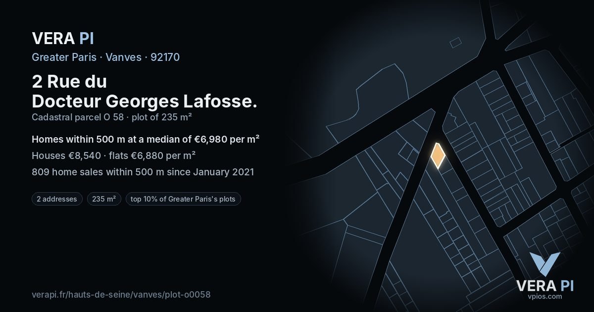 2 Rue du Docteur Georges Lafosse, Vanves at night – the plot lit, the parcels around coloured by the prices near them