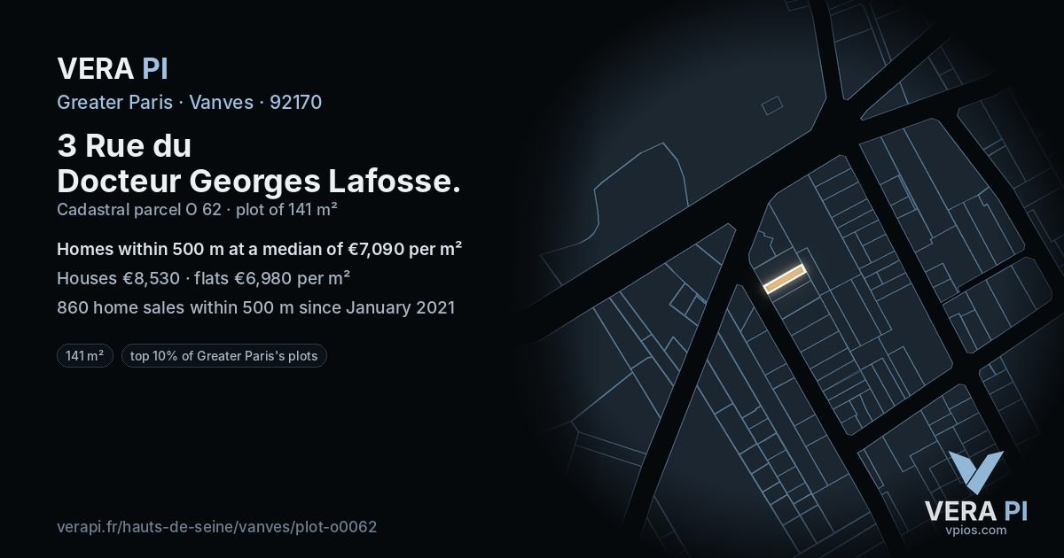 3 Rue du Docteur Georges Lafosse, Vanves at night – the plot lit, the parcels around coloured by the prices near them