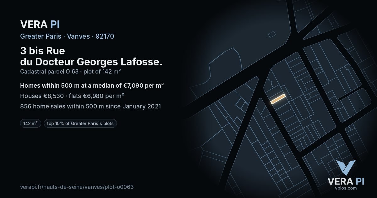 3 bis Rue du Docteur Georges Lafosse, Vanves at night – the plot lit, the parcels around coloured by the prices near them