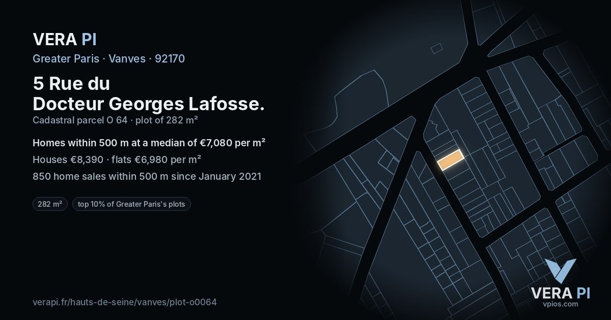 5 Rue du Docteur Georges Lafosse, Vanves at night – the plot lit, the parcels around coloured by the prices near them