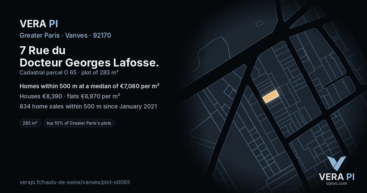 7 Rue du Docteur Georges Lafosse, Vanves at night – the plot lit, the parcels around coloured by the prices near them