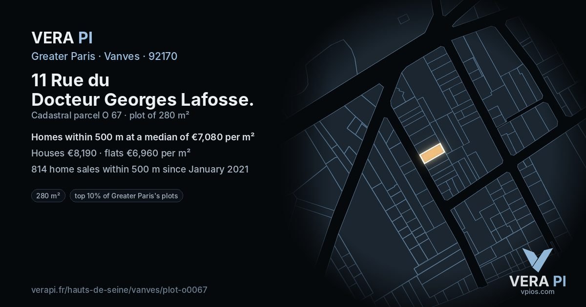 11 Rue du Docteur Georges Lafosse, Vanves at night – the plot lit, the parcels around coloured by the prices near them