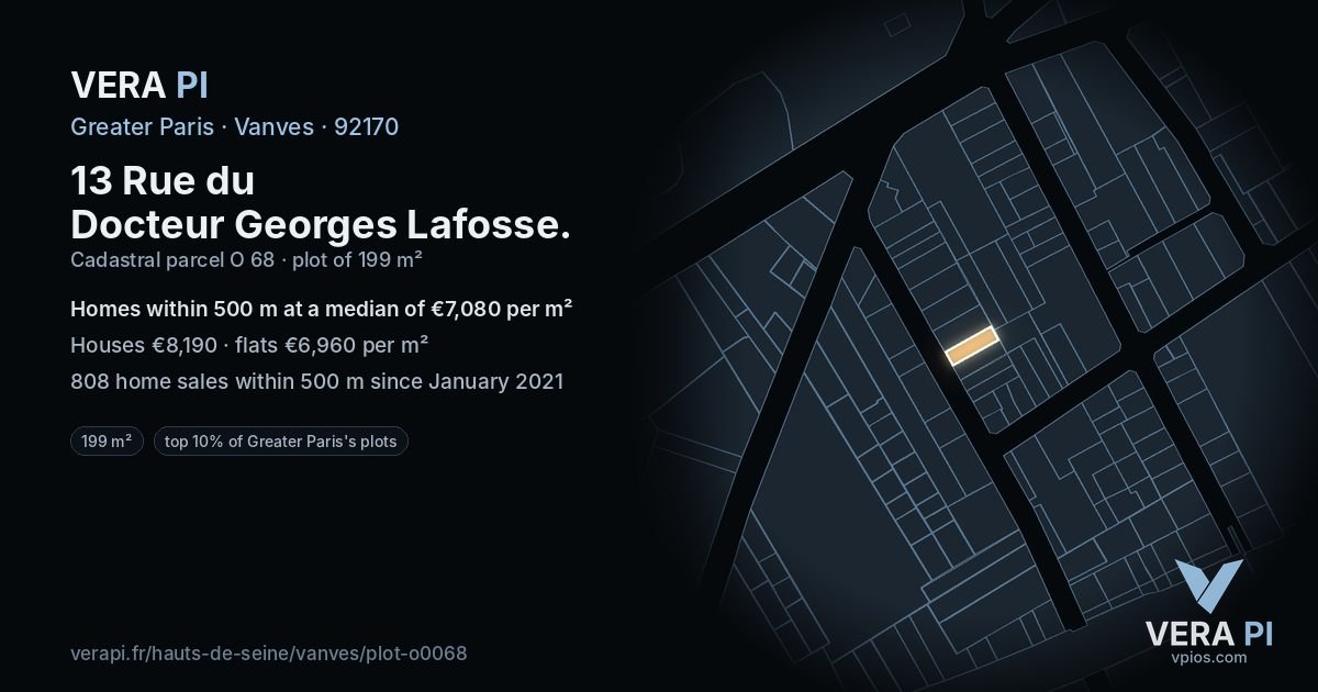 13 Rue du Docteur Georges Lafosse, Vanves at night – the plot lit, the parcels around coloured by the prices near them