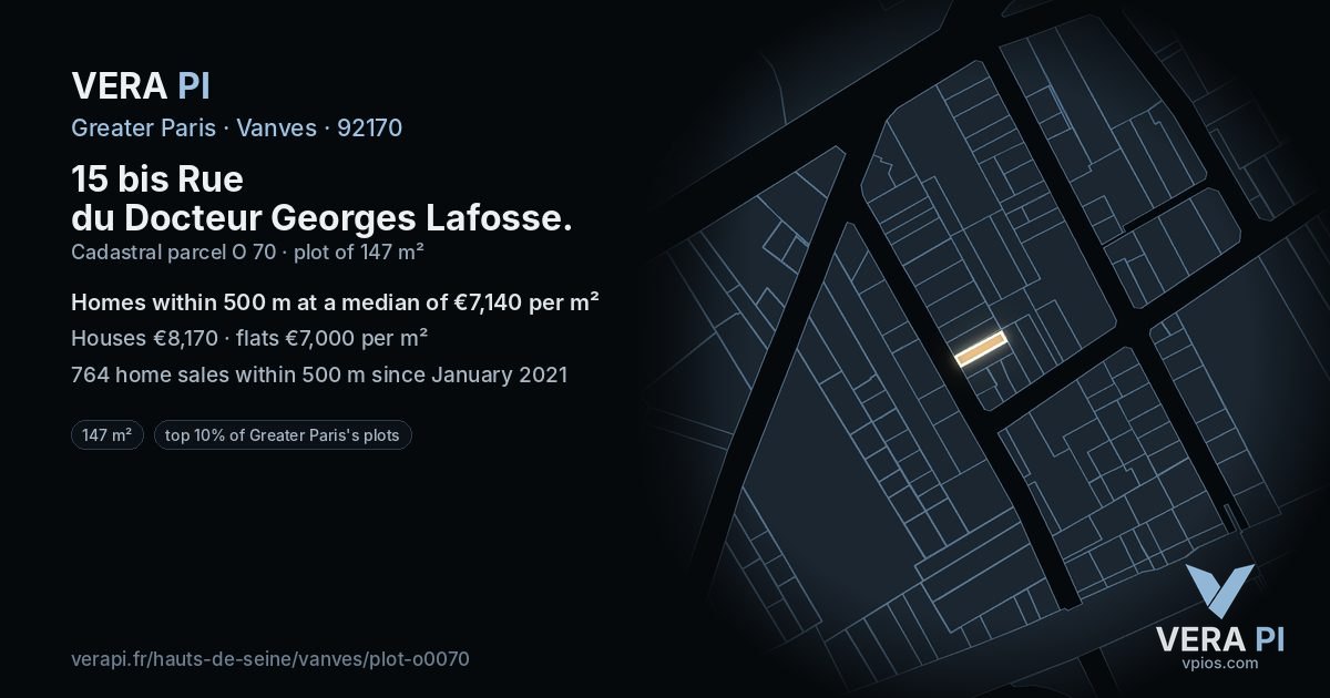 15 bis Rue du Docteur Georges Lafosse, Vanves at night – the plot lit, the parcels around coloured by the prices near them