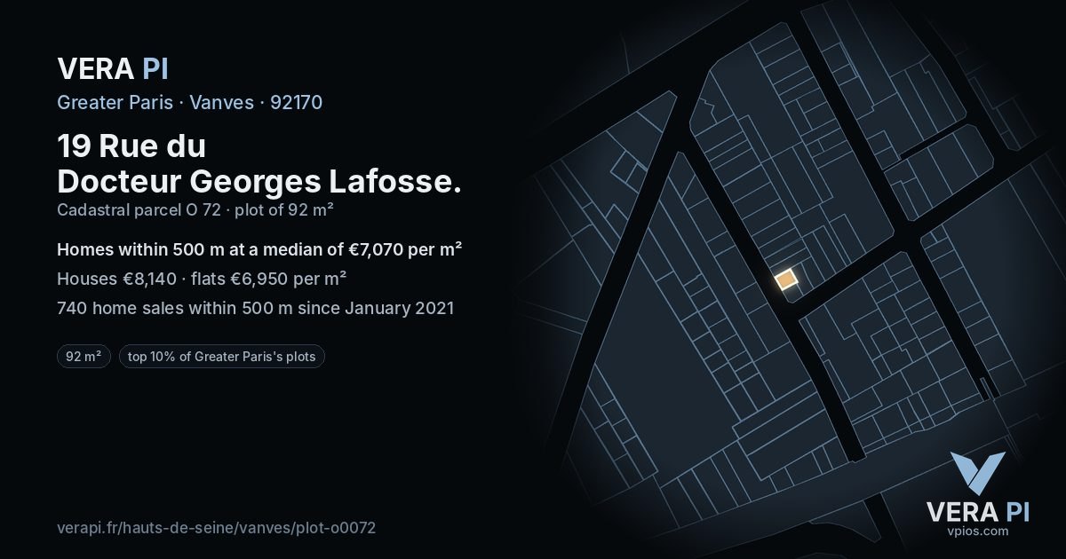 19 Rue du Docteur Georges Lafosse, Vanves at night – the plot lit, the parcels around coloured by the prices near them