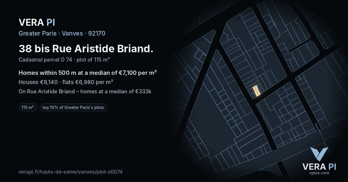 38 bis Rue Aristide Briand, Vanves at night – the plot lit, the parcels around coloured by the prices near them