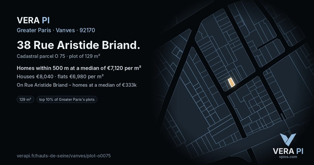 38 Rue Aristide Briand, Vanves at night – the plot lit, the parcels around coloured by the prices near them