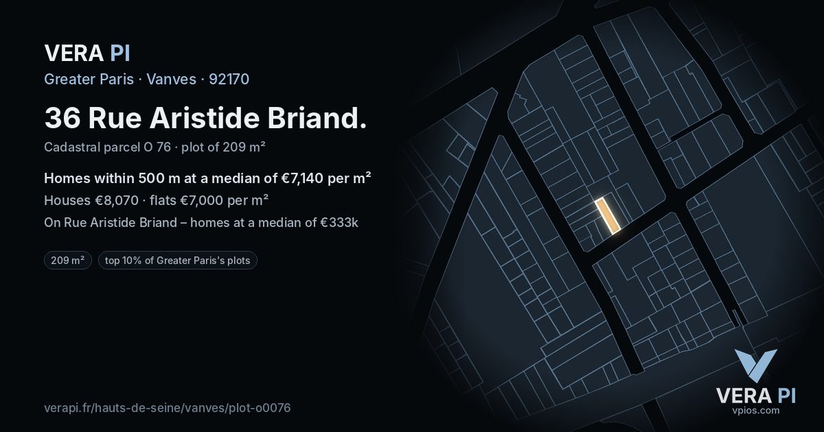 36 Rue Aristide Briand, Vanves at night – the plot lit, the parcels around coloured by the prices near them
