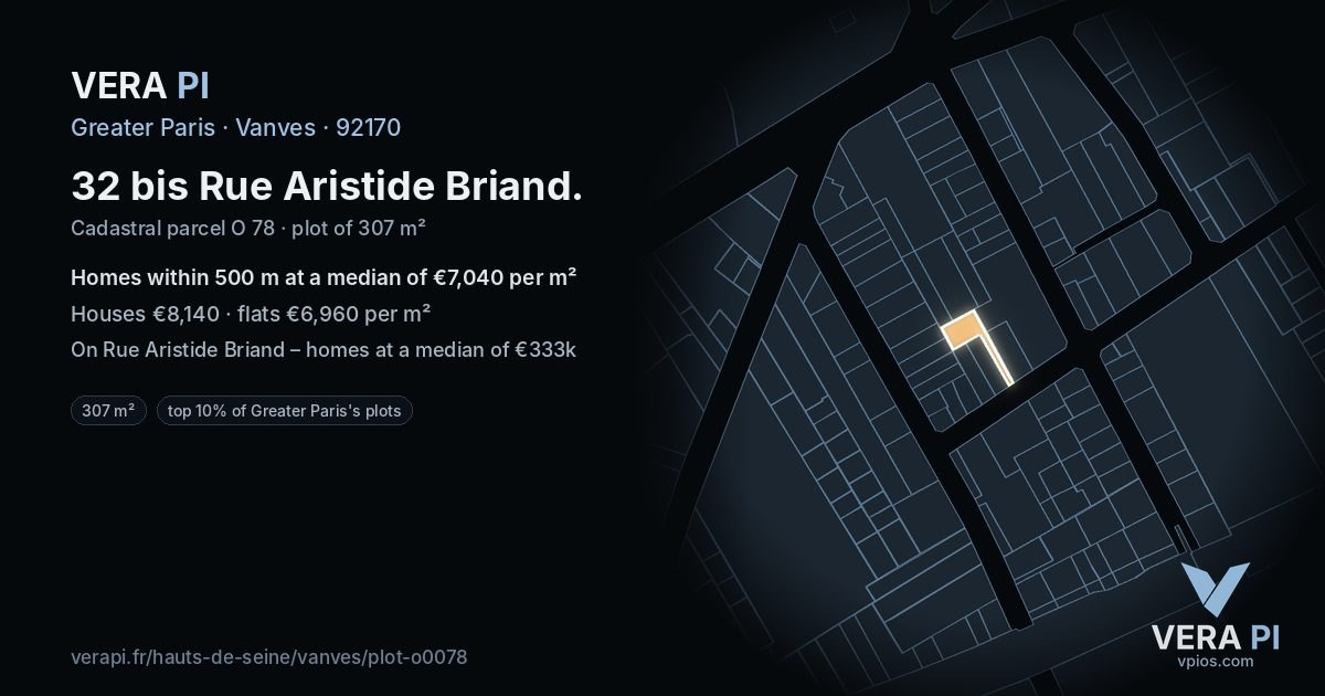 32 bis Rue Aristide Briand, Vanves at night – the plot lit, the parcels around coloured by the prices near them