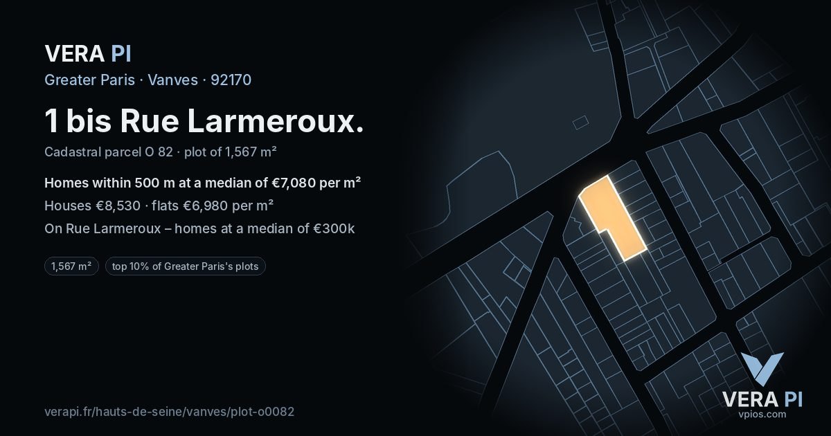 1 bis Rue Larmeroux, Vanves at night – the plot lit, the parcels around coloured by the prices near them