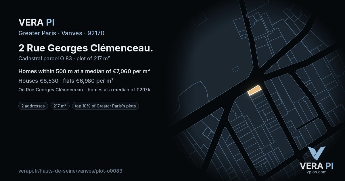2 Rue Georges Clémenceau, Vanves at night – the plot lit, the parcels around coloured by the prices near them