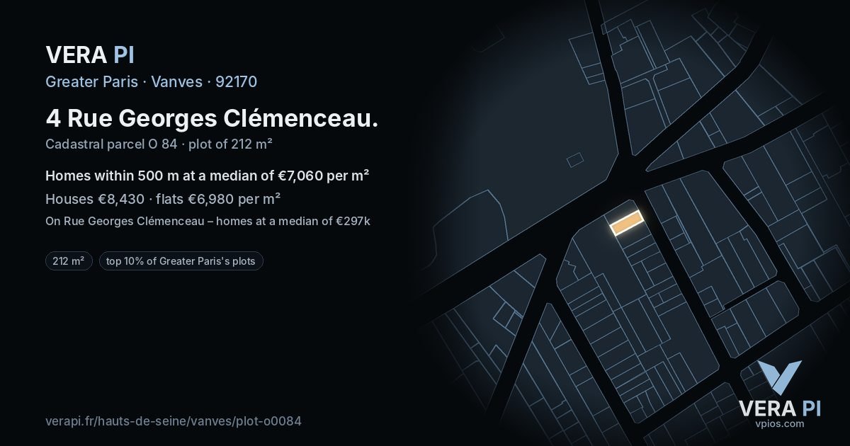4 Rue Georges Clémenceau, Vanves at night – the plot lit, the parcels around coloured by the prices near them