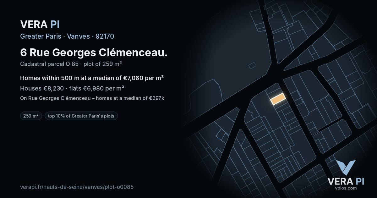 6 Rue Georges Clémenceau, Vanves at night – the plot lit, the parcels around coloured by the prices near them
