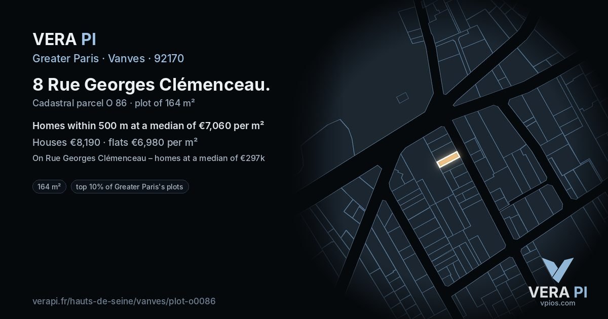 8 Rue Georges Clémenceau, Vanves at night – the plot lit, the parcels around coloured by the prices near them