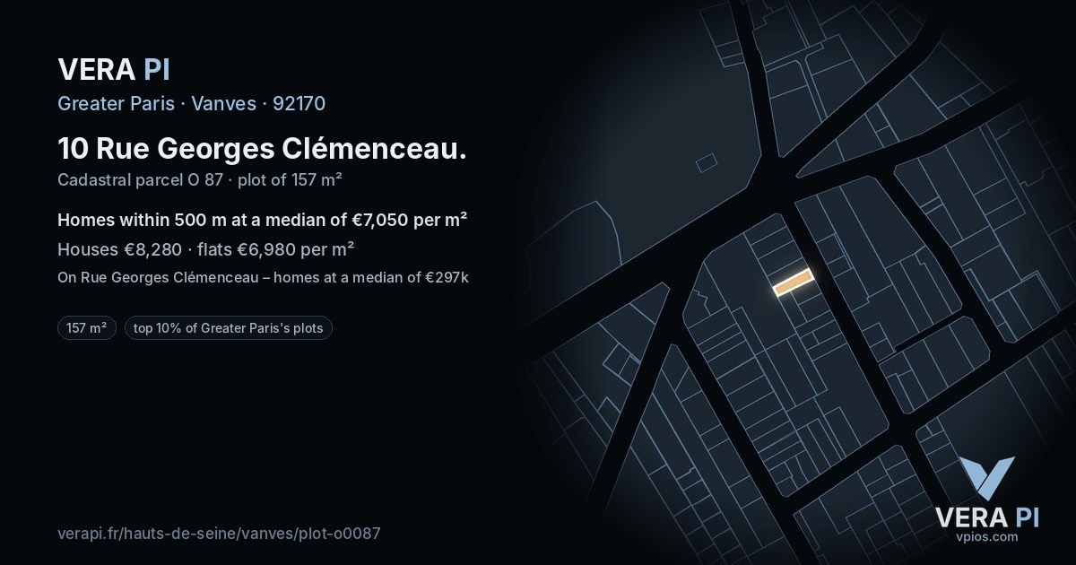 10 Rue Georges Clémenceau, Vanves at night – the plot lit, the parcels around coloured by the prices near them