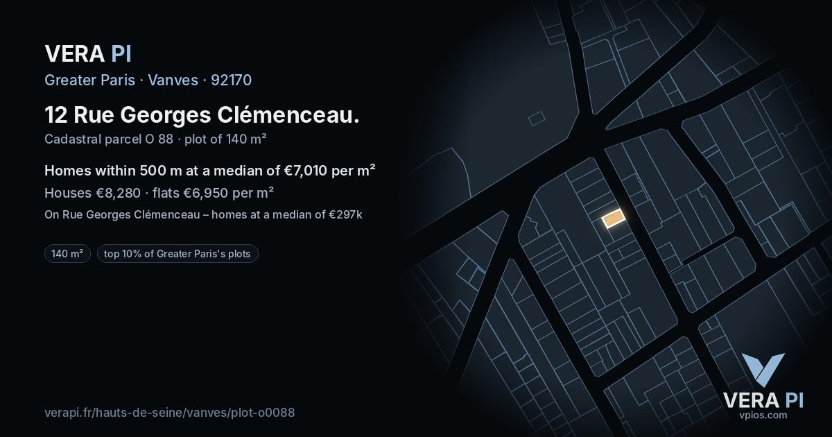 12 Rue Georges Clémenceau, Vanves at night – the plot lit, the parcels around coloured by the prices near them