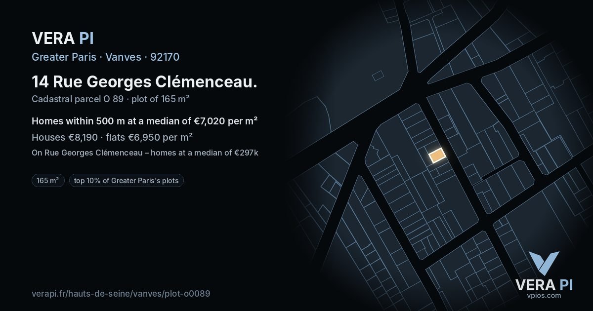 14 Rue Georges Clémenceau, Vanves at night – the plot lit, the parcels around coloured by the prices near them