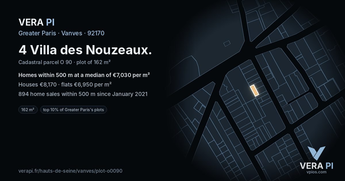 4 Villa des Nouzeaux, Vanves at night – the plot lit, the parcels around coloured by the prices near them