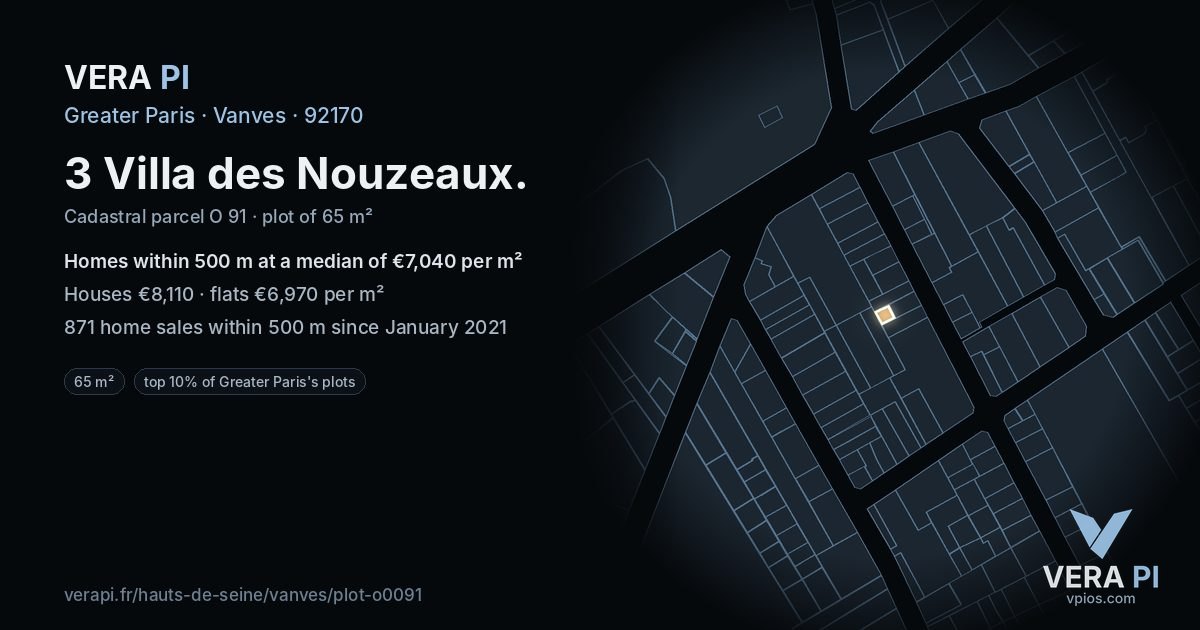 3 Villa des Nouzeaux, Vanves at night – the plot lit, the parcels around coloured by the prices near them