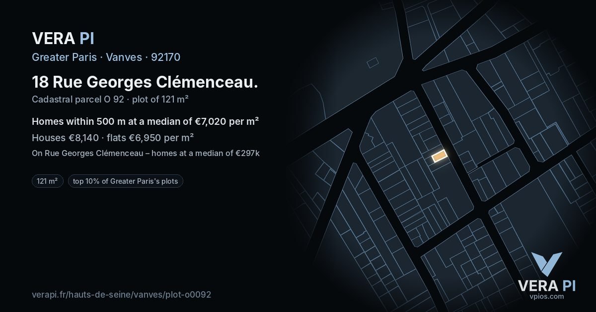 18 Rue Georges Clémenceau, Vanves at night – the plot lit, the parcels around coloured by the prices near them