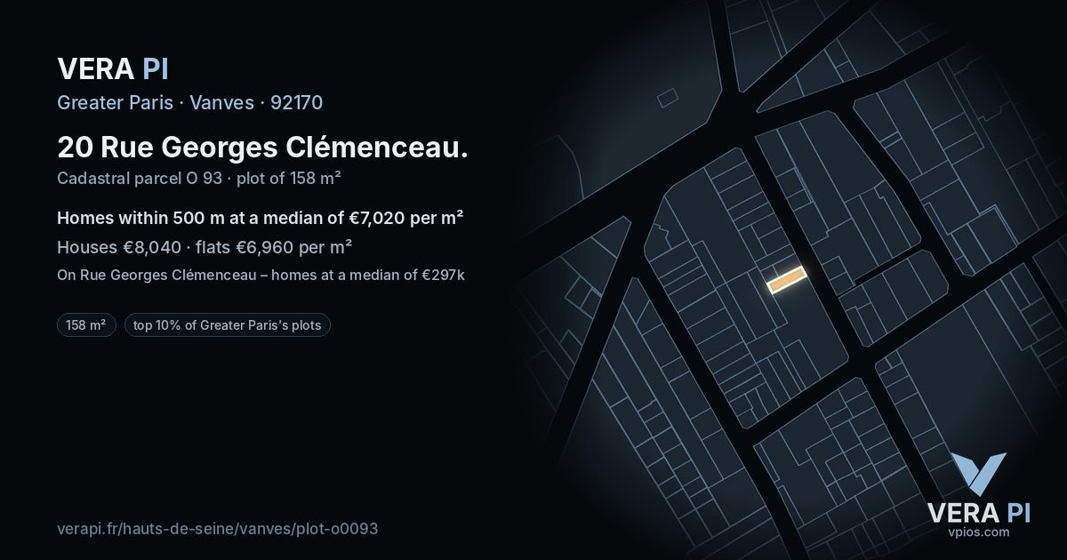 20 Rue Georges Clémenceau, Vanves at night – the plot lit, the parcels around coloured by the prices near them